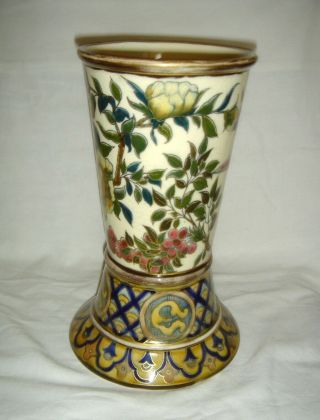 ANTIQUE ZSOLNAY PEC ' S VASE WITH QUALITY BIRDS AND FLOWERS DECORATION 2