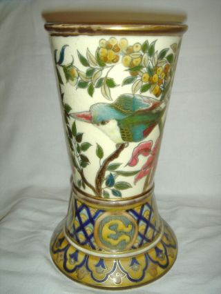 ANTIQUE ZSOLNAY PEC ' S VASE WITH QUALITY BIRDS AND FLOWERS DECORATION 3
