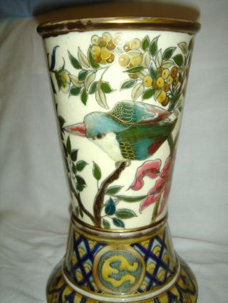 ANTIQUE ZSOLNAY PEC ' S VASE WITH QUALITY BIRDS AND FLOWERS DECORATION 7