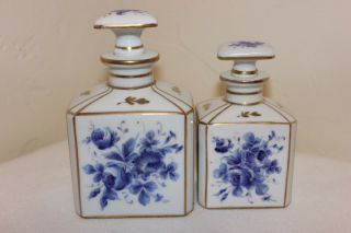 French Porcelain Hand Painted Perfume Bottles & Stoppers,  Blue Flowers