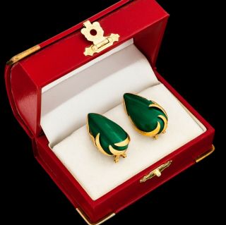 Antique Vintage Art Deco Retro 14k Yellow Gold Chinese Carved Malachite Earrings