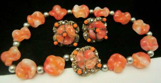 Rare Vintage Miriam Haskell Coral Glass Bead 15 " Necklace & 1 - 1/2 " Earring Set