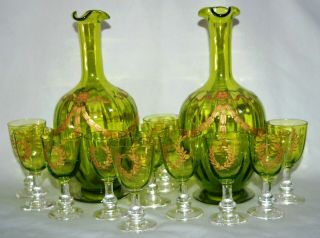 Vintage Green Glass Cordial Decanters With Stemmed Glasses