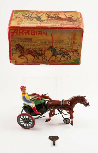 Vtg Arabian Made In German Germany Tin & Plastic Windup Toy Horse Racer W/ Box