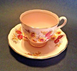 Colclough Pedestal Tea Cup And Saucer - Pink With Yellow Red And Blue - England