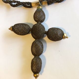 Antique Vintage Victorian Hand Woven Hair Chain And Cross