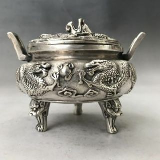 Unique Tibet Silver Copper Handmade Carving Dragon Incense Burner