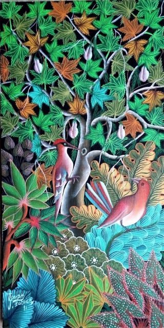 Vintage Haitian Folk Art Naif Bijoux Painting Patrick Joseph Haiti Birds 20 " X10 "