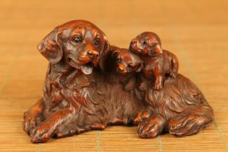 Old Boxwood Hand Carving Dog Statue Netsuke Table Decoroation Lovely Art Deco