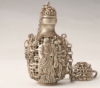 Unique Chinese Tibetan Silver Snuff Bottle Pendant Relief Old Man Gift Collect