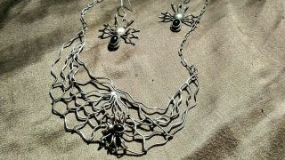 Black Onyx Sterling Silver Vintage Spider Web Necklace And Earrings Set