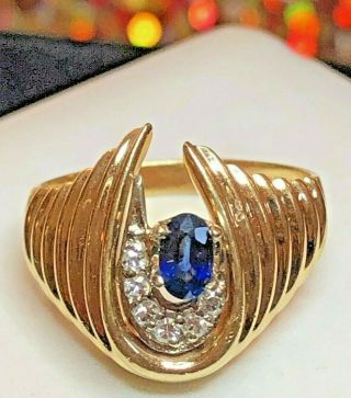 VINTAGE ESTATE 14K GOLD BLUE SAPPHIRE & DIAMOND RING SHRIMP SIGNED ART CARVED 11