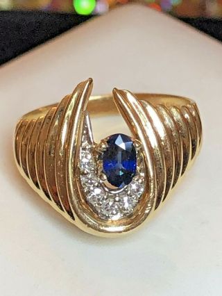 VINTAGE ESTATE 14K GOLD BLUE SAPPHIRE & DIAMOND RING SHRIMP SIGNED ART CARVED 12