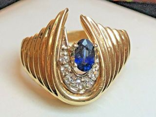 Vintage Estate 14k Gold Blue Sapphire & Diamond Ring Shrimp Signed Art Carved