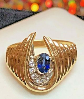 VINTAGE ESTATE 14K GOLD BLUE SAPPHIRE & DIAMOND RING SHRIMP SIGNED ART CARVED 2