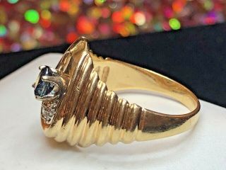 VINTAGE ESTATE 14K GOLD BLUE SAPPHIRE & DIAMOND RING SHRIMP SIGNED ART CARVED 3