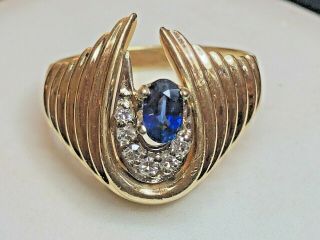 VINTAGE ESTATE 14K GOLD BLUE SAPPHIRE & DIAMOND RING SHRIMP SIGNED ART CARVED 4