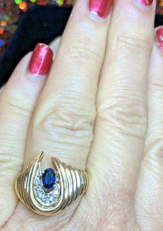 VINTAGE ESTATE 14K GOLD BLUE SAPPHIRE & DIAMOND RING SHRIMP SIGNED ART CARVED 5