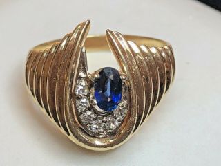 VINTAGE ESTATE 14K GOLD BLUE SAPPHIRE & DIAMOND RING SHRIMP SIGNED ART CARVED 6