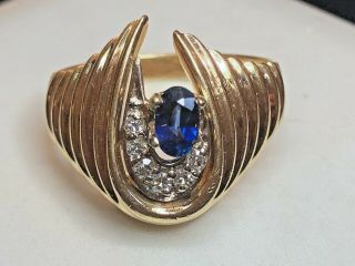 VINTAGE ESTATE 14K GOLD BLUE SAPPHIRE & DIAMOND RING SHRIMP SIGNED ART CARVED 7