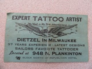 Vintage Tattoo Artist Business Card Amund Dietzel Milwaukee Wisconsin Sailors