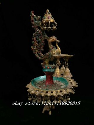 16 " Antique Tibet Buddhism Copper Inlay Turquoise Gemstone Phoenix Candlestick