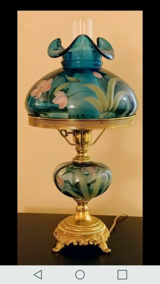 Vintage Fenton Twilight Blue Tulips Desk,  Parlor Lamp - Hand Painted By S Bryan