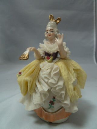 Vintage Germany Porcelain Dresden Lace Woman With Yellow & White Dress Figurine