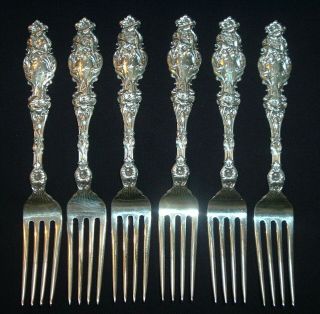6 Sterling Silver Whiting Lily Dinner Forks 7 5/8 " Art Nouveau Monogram " E " 1902