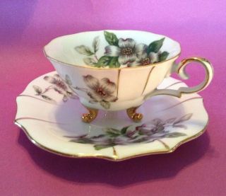 Footed Tea Cup And Saucer - White Dogwood - Gold Accents - Cherry China - Japan
