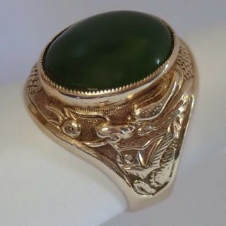 Fine Vintage Estate 14k Gold Green Jade Dragon Ring