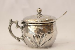 Wonderful Hammered Sterling Silver Mustard Pot With Bird,  Dragonfly,  Catails