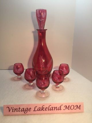 Vintage Cranberry Etched Wheat Pattern Decanter Bottle With Shot Glass Stopper