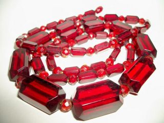 V.  Rare 95g Cherry Amber Bakelite Hexagon Facet Carved Beads Vtg Necklace