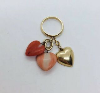 Vintage 14k Yellow Gold & Red Coral Dangle Hearts Ring Size 5