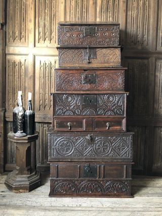 A Rare 17th Century Carved Oak Bible Box. 6