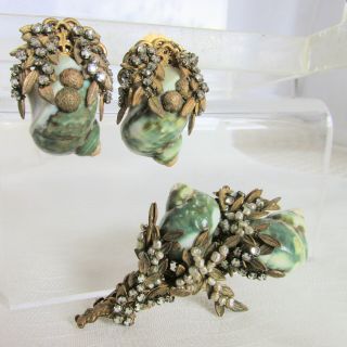 Rare Vintage Miriam Haskell Brooch Earring Set Shellshell Seed Pearls Rhinestone