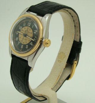 VINTAGE ROLEX STAINLESS & GOLD OYSTER PERPETUAL BUBBLEBACK WATCH 5015 C.  1949 4