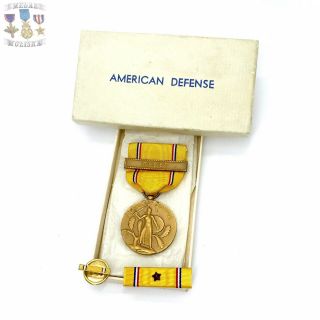 Wwii Us Navy & Usmc American Defense Medal Fleet Clasp Ribbon Bar Lapel Pin Box