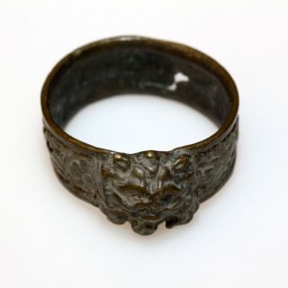 Very Rare Medieval Greek Bronze Ring With Decorated Lion Face