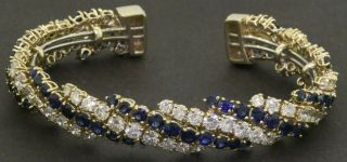 Vintage Heavy 18k Gold 22.  43ctw Vs Diamond & Blue Sapphire Cluster Cuff Bracelet