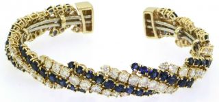 Vintage heavy 18K gold 22.  43CTW VS diamond & Blue sapphire cluster cuff bracelet 3