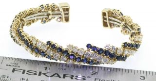 Vintage heavy 18K gold 22.  43CTW VS diamond & Blue sapphire cluster cuff bracelet 5