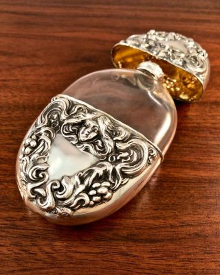 Spectacular Art Nouveau American Sterling Silver & Glass Flask: No Monogram