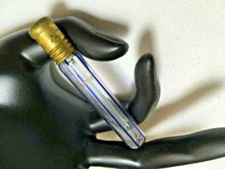 Lay Down Antique Mini Perfume Bottle Long Dauber Blue Striped Glass Brass Cover