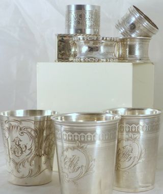 Antique PAIR French Sterling Silver Wine Julep Cup Tumbler Timbal Guilloche 1870 11