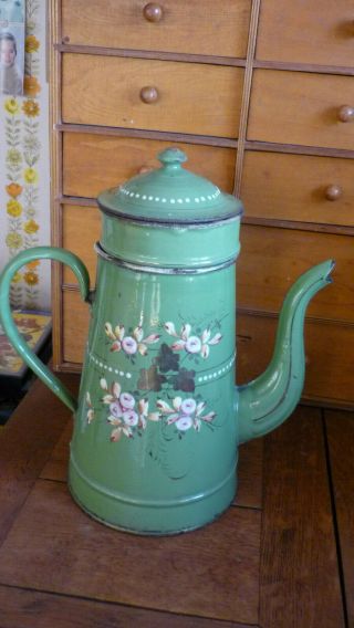 Rare Vintage French Enamelware Green Enamel Coffee Pot