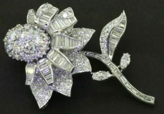 Vintage 1950s Heavy Platinum 12ctw Vs/f Diamond Cluster Flower Brooch