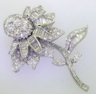Vintage 1950s heavy Platinum 12CTW VS/F diamond cluster flower brooch 2