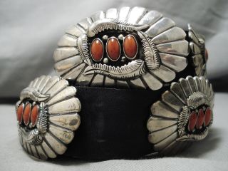 Heavy And Thick Vintage Navajo Coral Sterling Silver Concho Belt Old